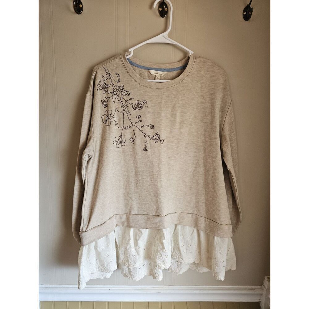 Matilda Jane Embroidered Floral Eyelet Tan Sweatshirt Size Large Lace